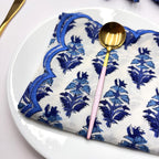 Hand Block Printed Cotton Napkins: Blue Scallop Edge, Sustainable Table Decor