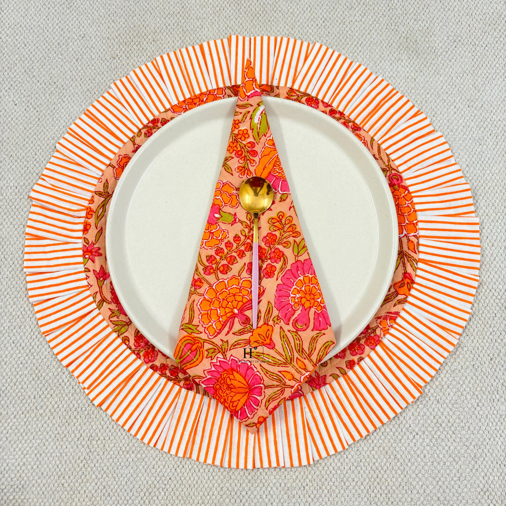 Handcrafted Orange Floral Quilted Placemat & Napkin Set: Indian Artisan Decor