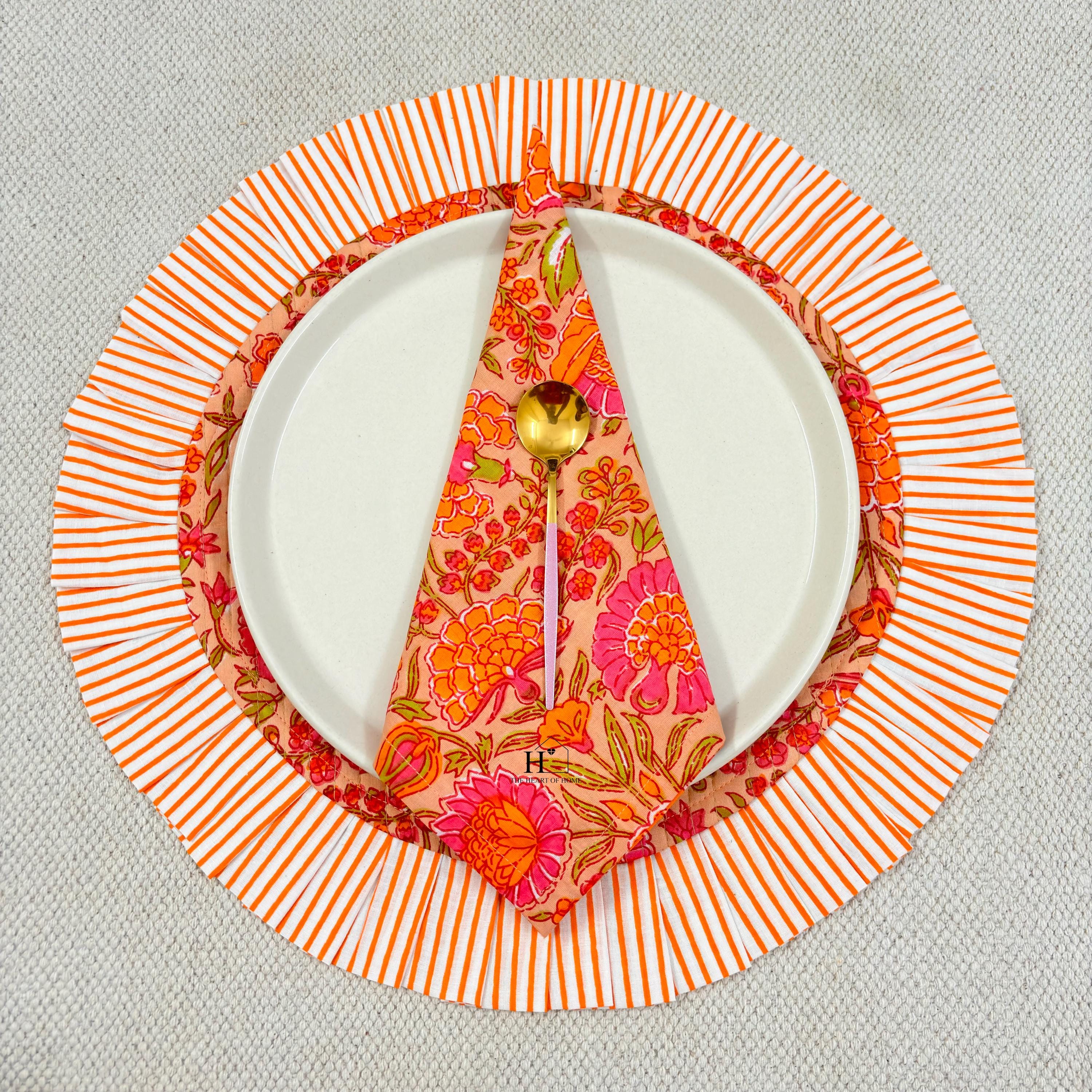 Handcrafted Orange Floral Quilted Placemat & Napkin Set: Indian Artisan Decor