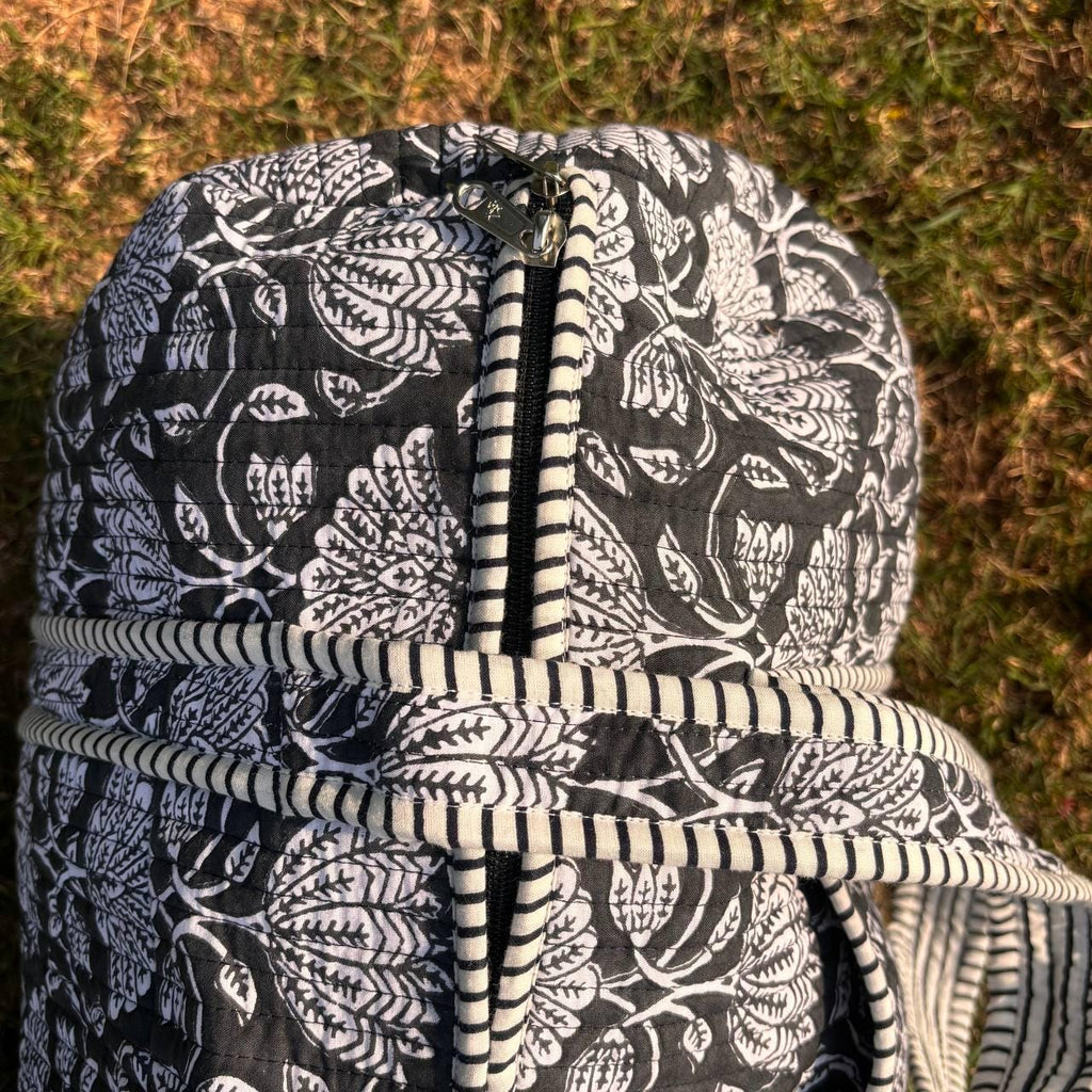 Large Black Cotton Quilted Duffle Bags Block print Gifts Handmade Colorful Travel night Travel Gym Yoga Luggage pocket 18x9x9 inches