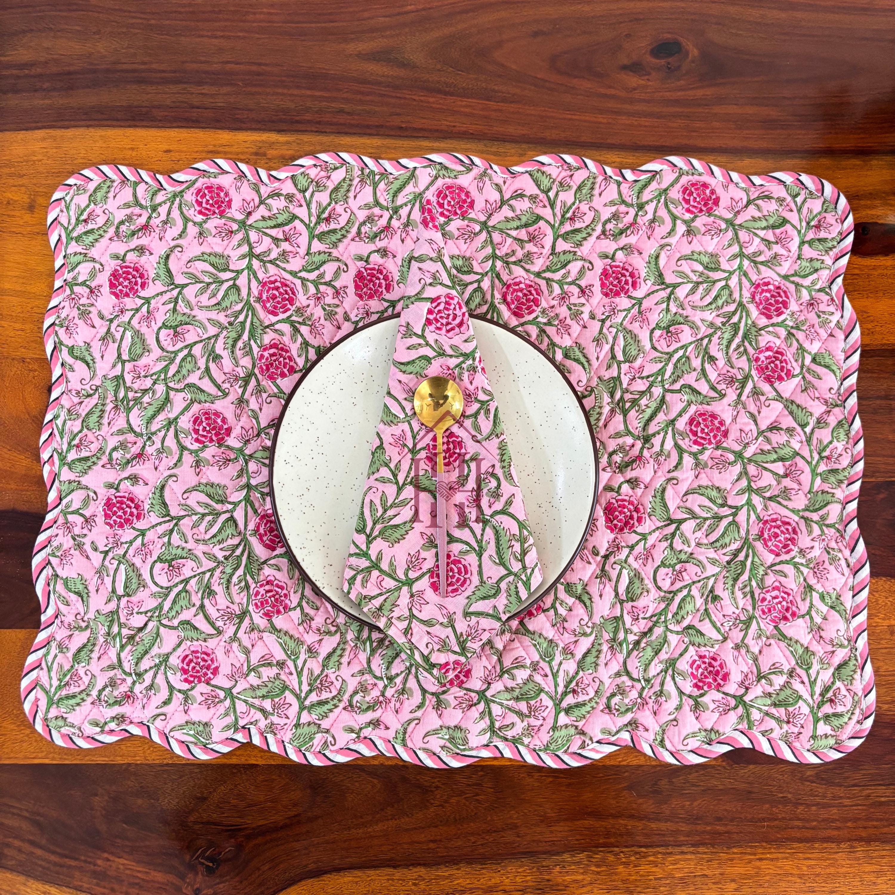 Cotton quilted mats hand block printed Rose Pink Floral 14x20 Inch Reversible 100% Cotton, Washable, Soft & Absorbent, Perfect for Wedding