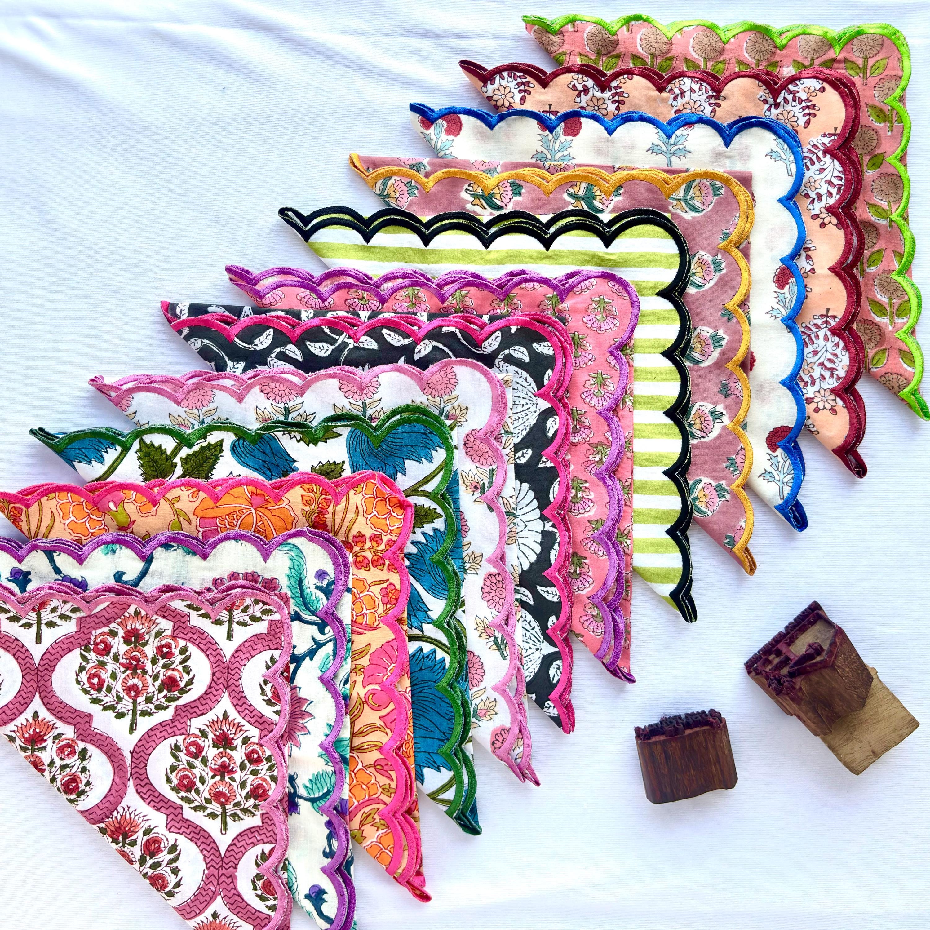 Hand Block Print Scallop Napkins: Floral Cotton Dinner Napkins