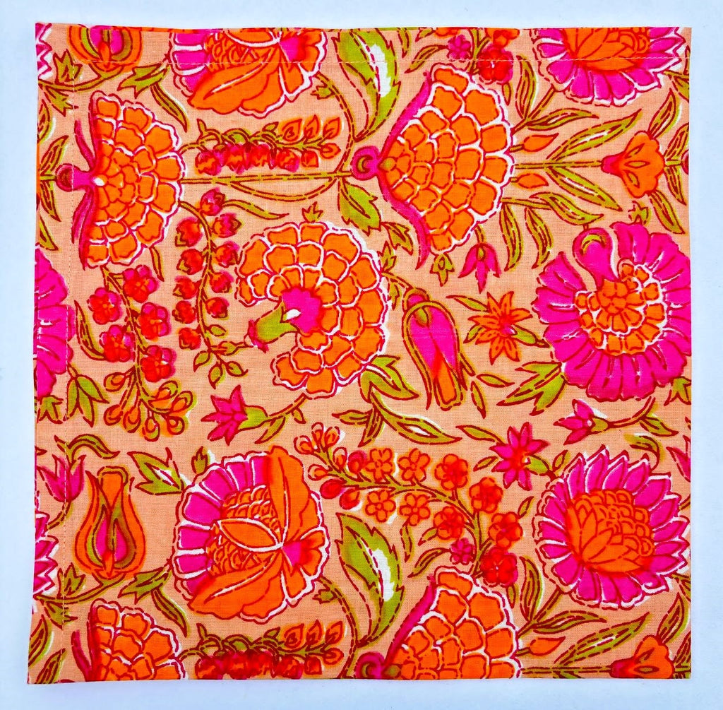 Hand Block Printed Orange Floral Napkins: Fall Table Decor