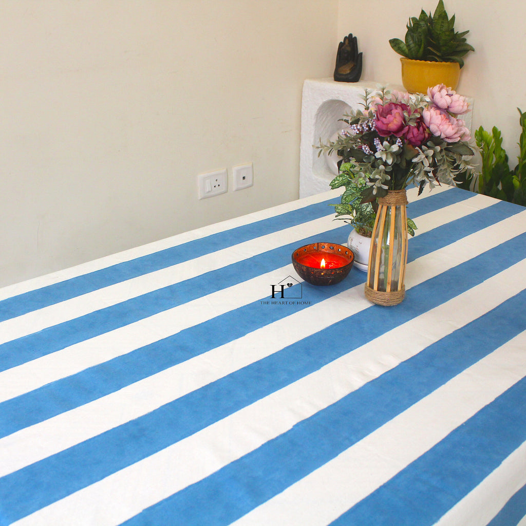 Hand-Block Stripe Cotton Tablecloth: Sky Blue Waterproof Dining Table Cover