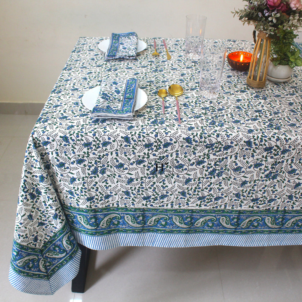 Blue Floral Block Print Tablecloth: Waterproof Cotton Dining Table Cover