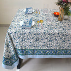 Blue Floral Block Print Tablecloth: Waterproof Cotton Dining Table Cover