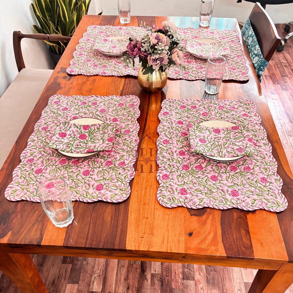 Cotton quilted mats hand block printed Rose Pink Floral 14x20 Inch Reversible 100% Cotton, Washable, Soft & Absorbent, Perfect for Wedding