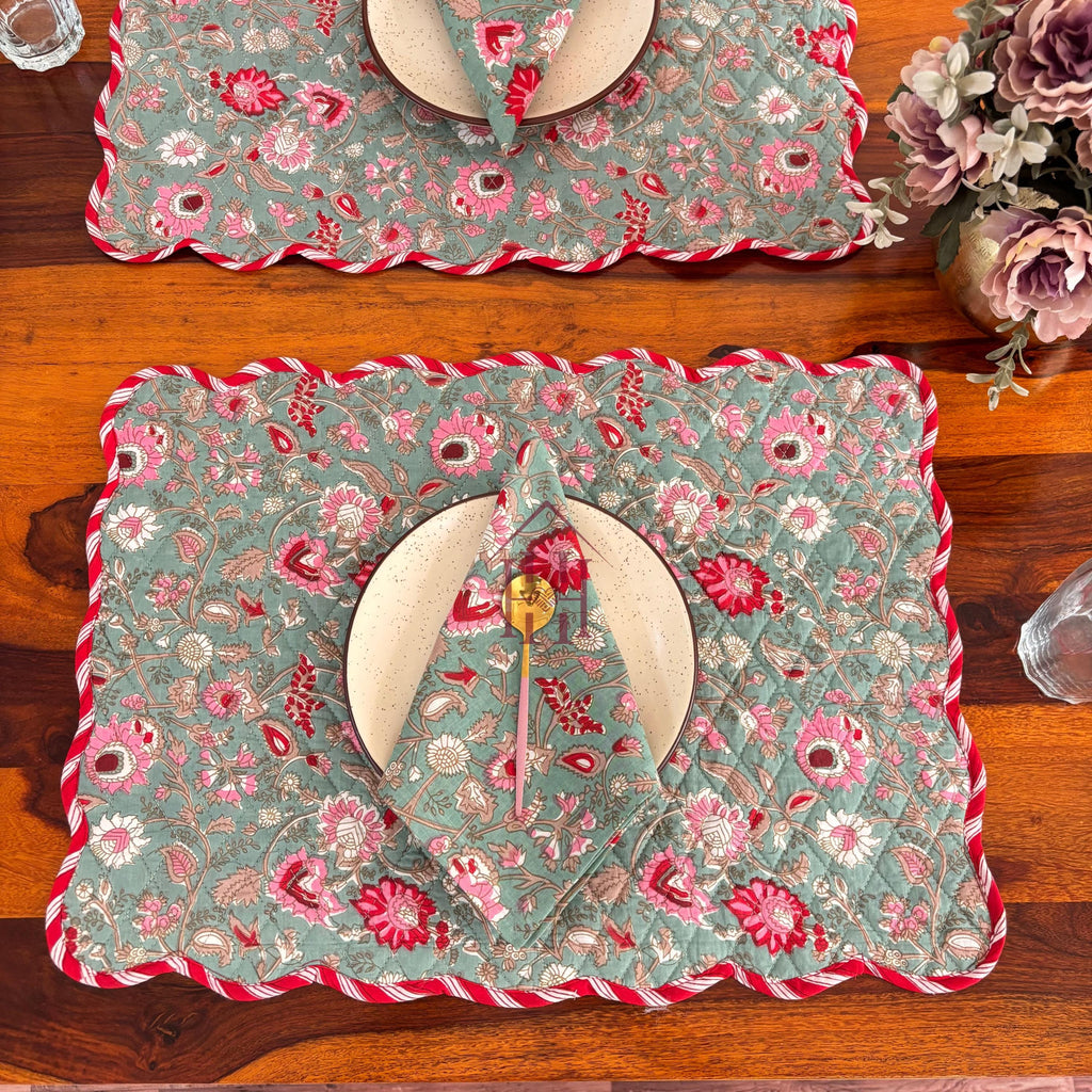 Cotton quilted mats hand block printed christmas green 14x20 Inch Reversible 100% Cotton, Washable, Soft & Absorbent, Perfect for Wedding