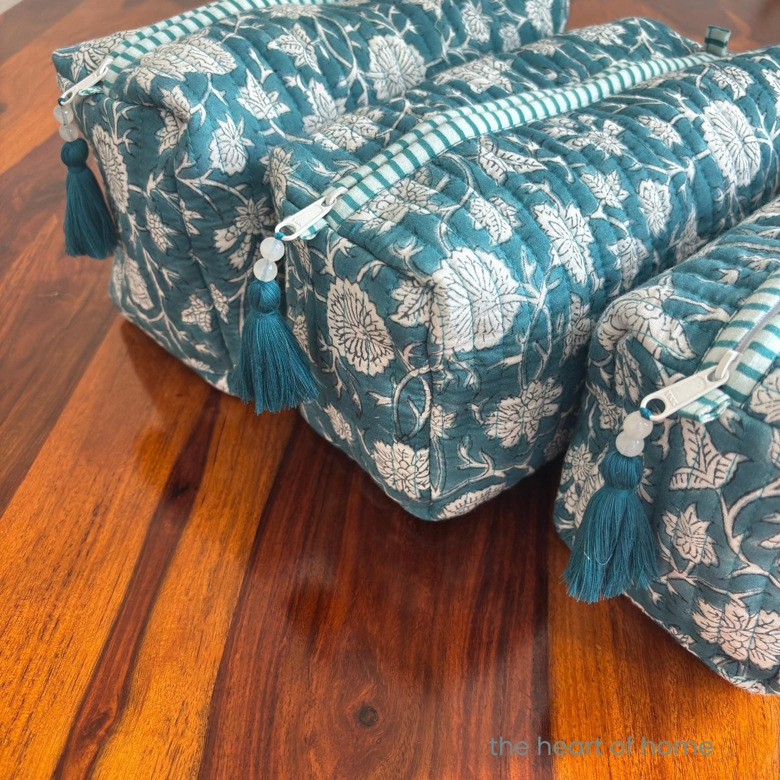 Handblock Printed Quilted Cosmetic Pouch Set: Sea Green Travel Bags