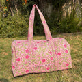 Large Rose pink Cotton Quilted Duffle Bags Block print Gifts Handmade Colorful Travel night Travel Gym Yoga Luggage pocket 18x9x9 inches