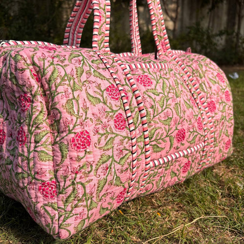 Large Rose pink Cotton Quilted Duffle Bags Block print Gifts Handmade Colorful Travel night Travel Gym Yoga Luggage pocket 18x9x9 inches