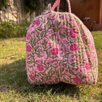 Large Rose pink Cotton Quilted Duffle Bags Block print Gifts Handmade Colorful Travel night Travel Gym Yoga Luggage pocket 18x9x9 inches