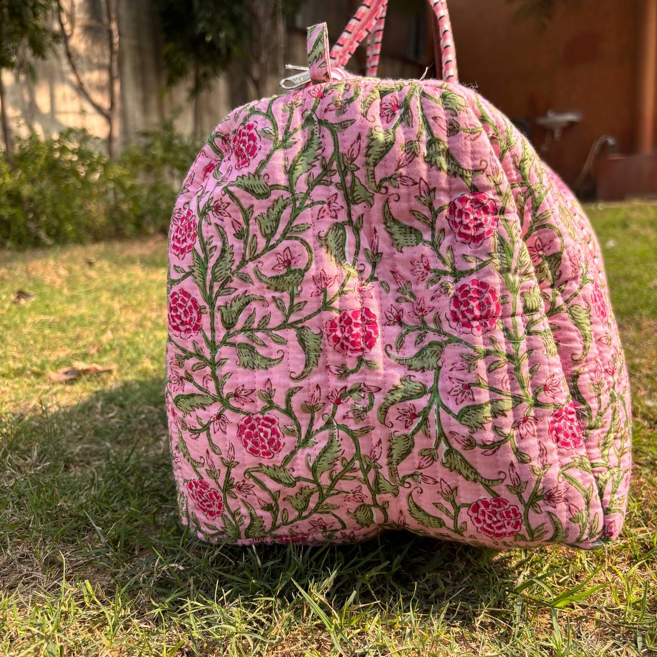 Large Rose pink Cotton Quilted Duffle Bags Block print Gifts Handmade Colorful Travel night Travel Gym Yoga Luggage pocket 18x9x9 inches