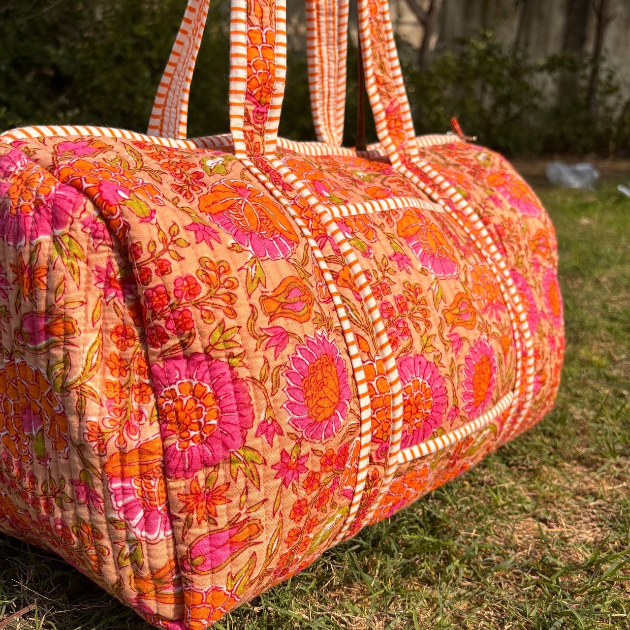 Large Orange pink Cotton Quilted Duffle Bags Block print Gifts Handmade Colorful Travel night Travel Gym Yoga Luggage pocket 18x9x9 inches