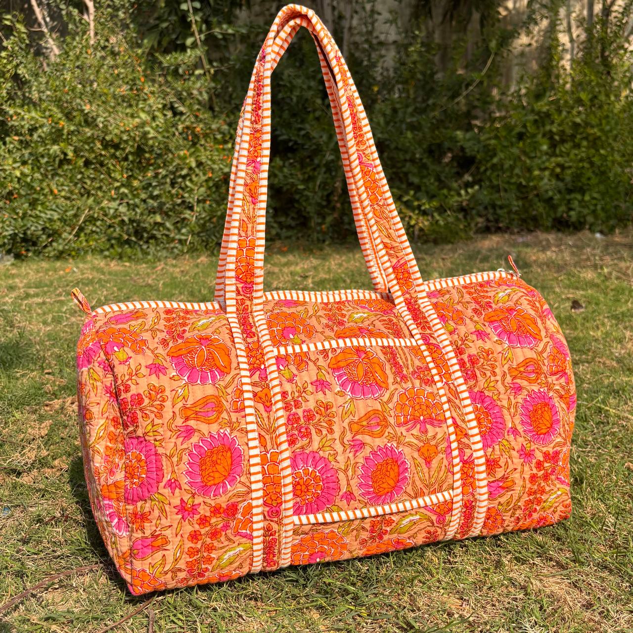 Large Orange pink Cotton Quilted Duffle Bags Block print Gifts Handmade Colorful Travel night Travel Gym Yoga Luggage pocket 18x9x9 inches