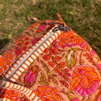 Large Orange pink Cotton Quilted Duffle Bags Block print Gifts Handmade Colorful Travel night Travel Gym Yoga Luggage pocket 18x9x9 inches