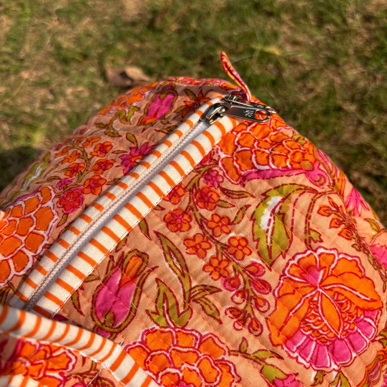 Large Orange pink Cotton Quilted Duffle Bags Block print Gifts Handmade Colorful Travel night Travel Gym Yoga Luggage pocket 18x9x9 inches